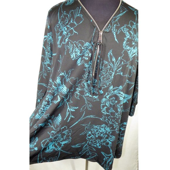 Avenue Women's Black And Teal Floral Blouse Zipper Detail Plus Size 22-24 - Picture 5 of 9